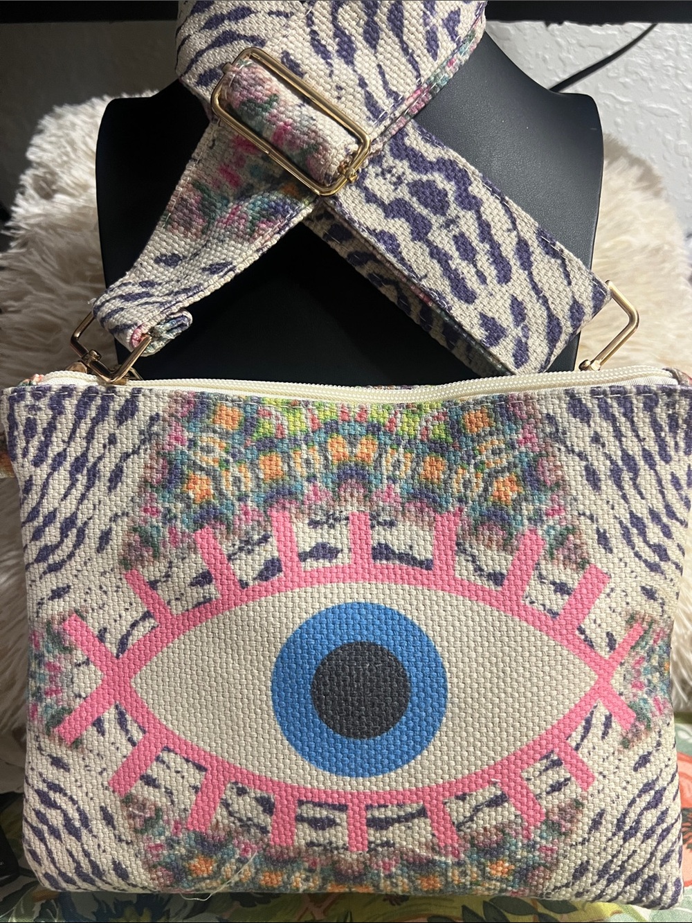 Boho Canvas Evil  Eye  Print Crossbody Bag in Multi-Color
